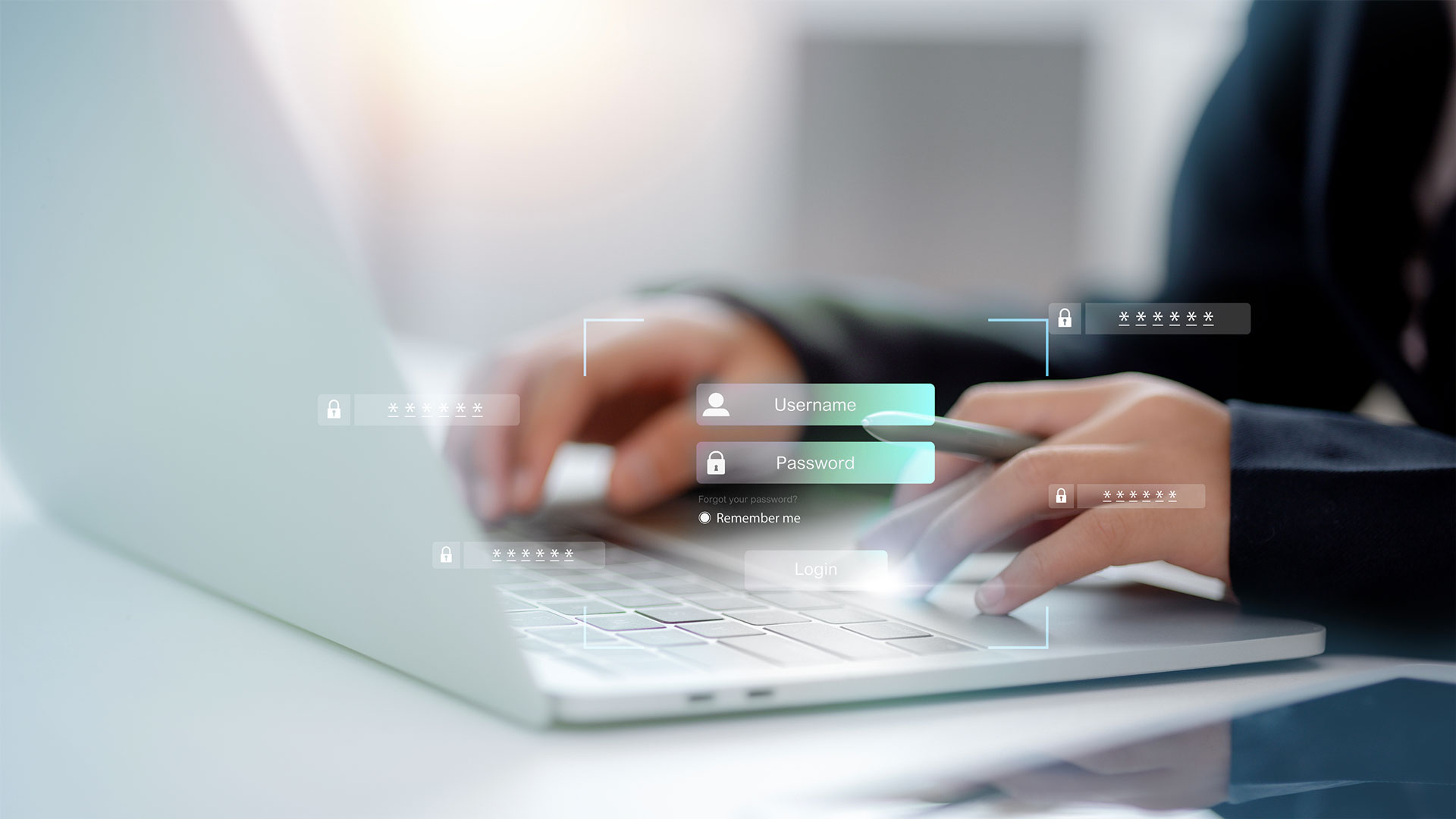 DOS-Datenschutzhinweise Eine Person arbeitet am Laptop und ihre Eingabedaten sind geschützt dargestellt