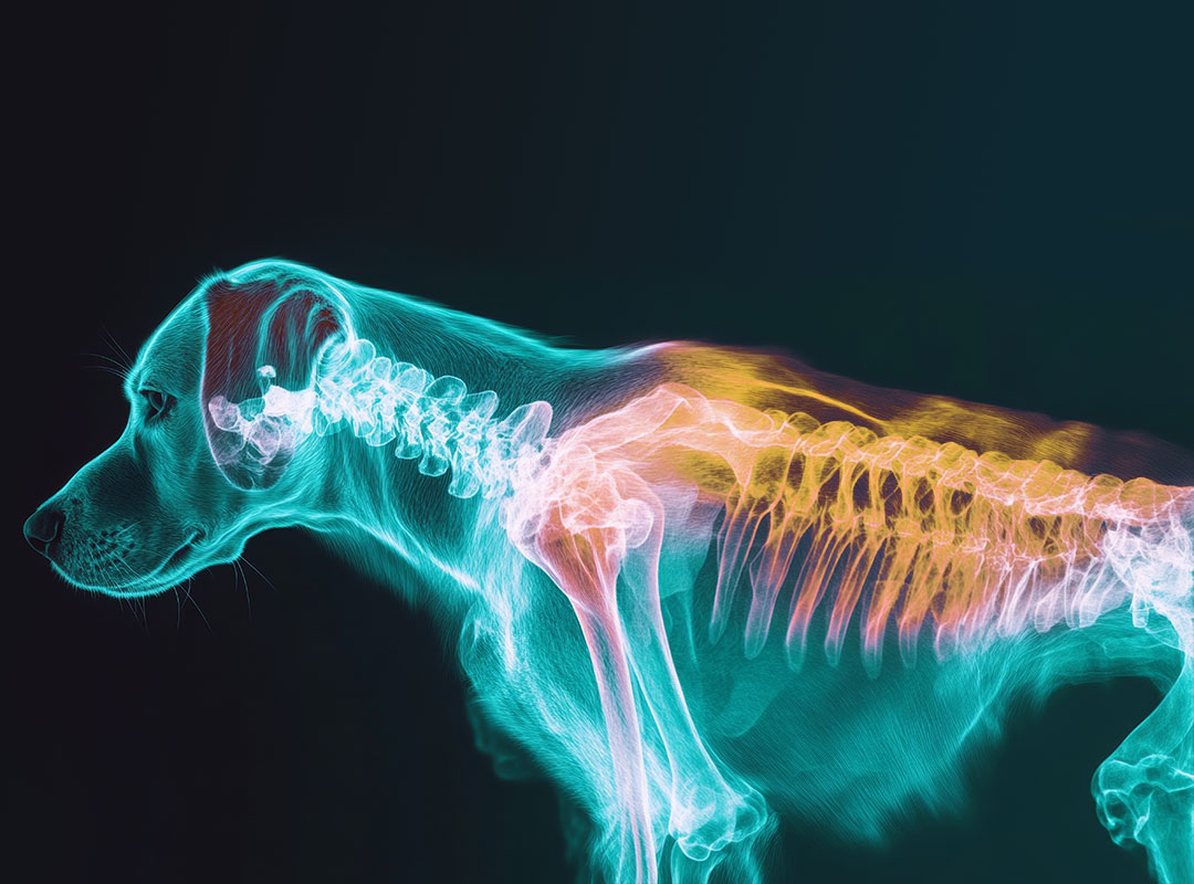 Zu sehen ist ein Hund in Seitenansicht mit Aufnahme eines CT-Bildes zur Thematik SpinAI FX Frakturerkennung